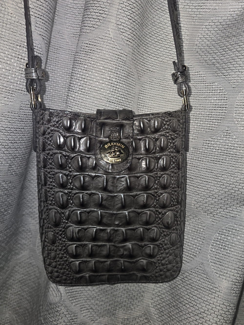 Brahmin Marley Crossbody Bag Charcoal Grey Crocodile-embossed Leather